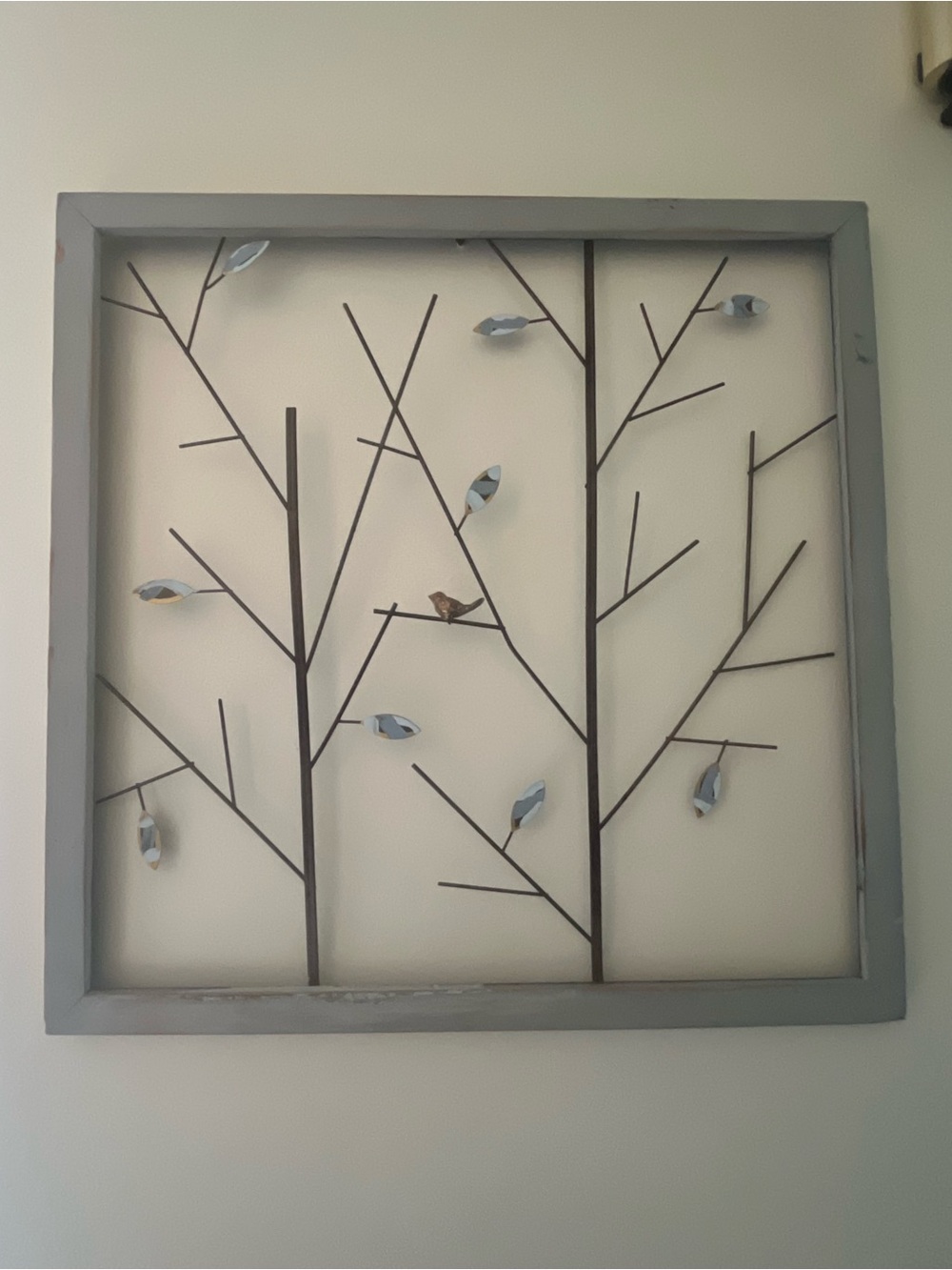 25”x25” Framed Metal Tree Wall Art with Blue Leaves and bird